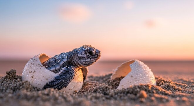 Baby sea turtle emerging from egg on beach at sunset dawn