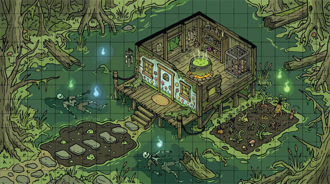 Isometric fantasy swamp witch hut vector, spooky marshland cottage with cauldron and garden, tabletop rpg battle map illustration