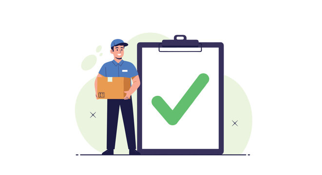 Friendly delivery courier in a blue uniform holds a package while standing next to a giant clipboard featuring a large green check mark.