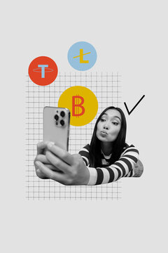 Trend banner artwork 3d photo collage of happy girl hold phone checkmark approval bitcoin income money transaction btl concept