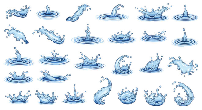 Large set of stylized water splash and ripple effects in various shapes and sizes for liquid animation and design.