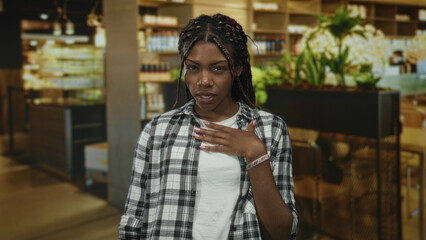 Obraz premium African american woman in flannel shirt with hand on chest, open mouth and braided hair standing in a building restaurant interior near plants and shelves; surprise sincerity apology.
