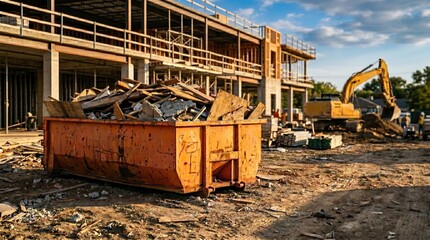 Fototapeta premium Construction site with an orange dumpster filled with debris, a partially built structure, and an excavator working under a cloudy sky.