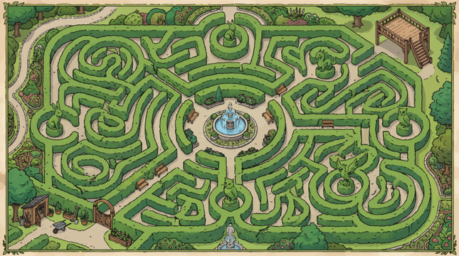 Vintage garden hedge maze vector illustration, intricate labyrinth park with central fountain, classic landscape design for gaming and storytelling