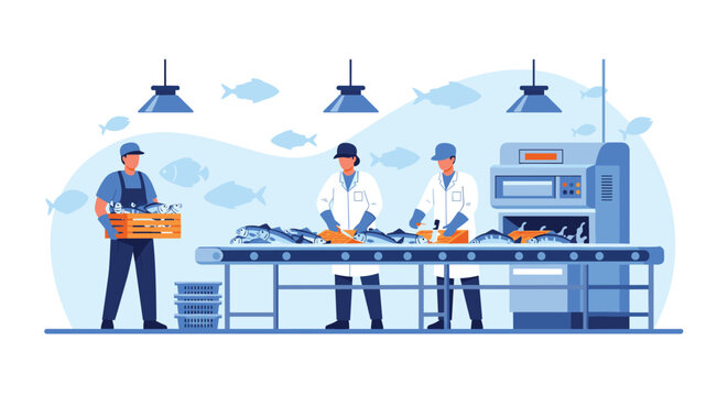 Factory workers processing large fish on an industrial conveyor belt within a clean seafood manufacturing plant.