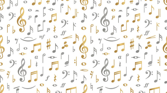Seamless pattern of scattered gray and gold musical notes and symbols