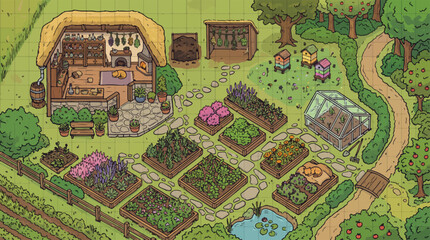 Fototapeta premium Isometric cottagecore garden vector illustration, cozy farm landscape with vegetable patches and greenhouse, rustic herbalist house exterior