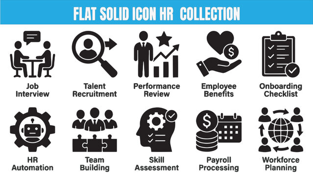 Flat solid HR icon collection for job interview talent recruitment performance review employee benefits and workforce planning