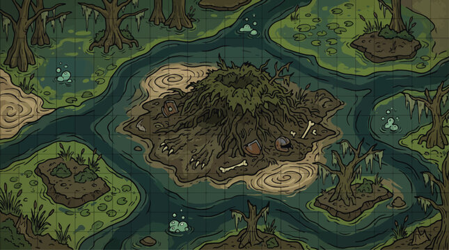 Fantasy swamp battle map vector, hand-drawn tabletop RPG marshland environment, spooky bayou wilderness with murky water and dead trees