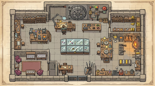 Vintage fantasy blacksmith workshop floor plan, medieval jewelry store interior map vector, isometric dungeon master game asset for tabletop RPG
