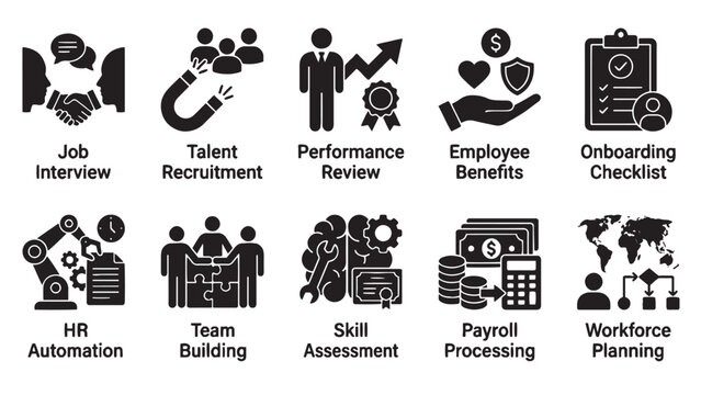 HR management icon set covering job interview recruitment performance review payroll workforce planning and team building concepts