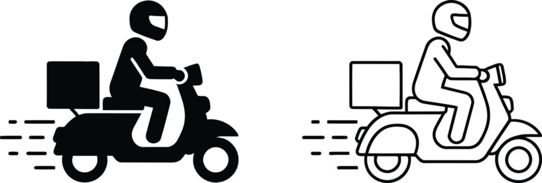 Delivery scooter icons, motorbike riders with boxes, courier transportation