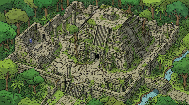 Isometric ancient temple ruins in jungle, stone aztec maya pyramid vector illustration, overgrown tropical forest landscape for game design