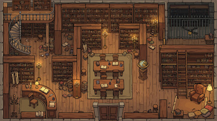 Vintage library interior top view vector, medieval study room with wooden bookshelves and spiral staircase, cozy dark academia archive background © xantii