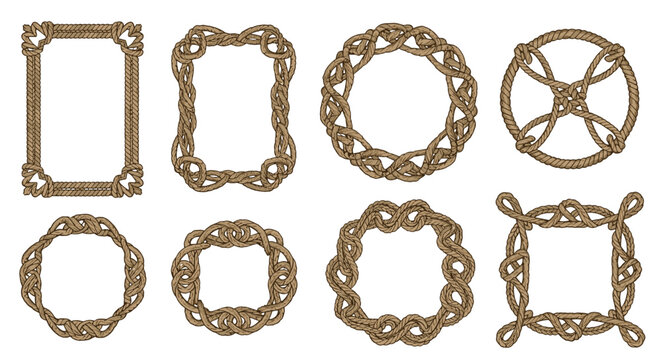 Collection of decorative rope frame elements in various shapes including rectangular, circular, and square designs.