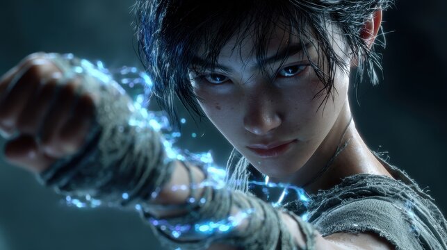 Fantasy wallpaper. A closeup portrait of a young female character, likely from a video game or cinematic setting. She has intense, focused eyes and a determined expression. Her hair is wet.