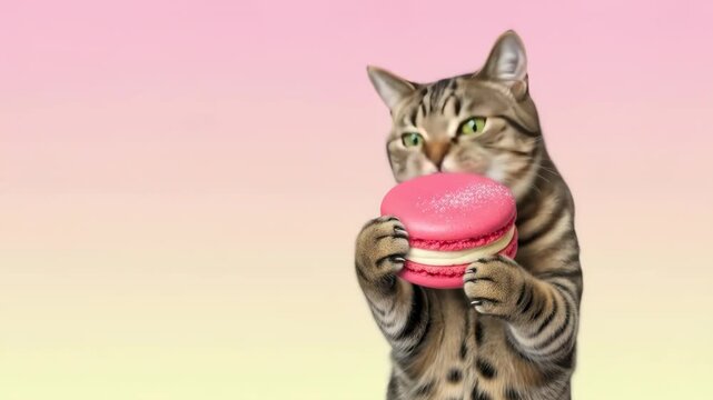 Surreal Animation of a Cute Tabby Cat Standing and Eating a Giant Pink Macaron Dessert.