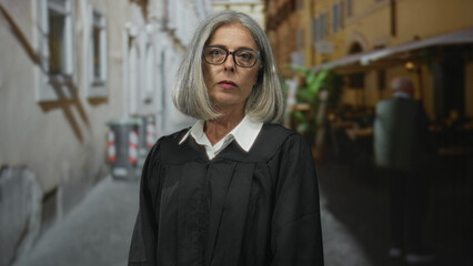 Fototapeta premium Woman judge with grey hair wearing glasses and black robe standing and looking at camera on a narrow cobbled street by a cafe and building facades; authority.