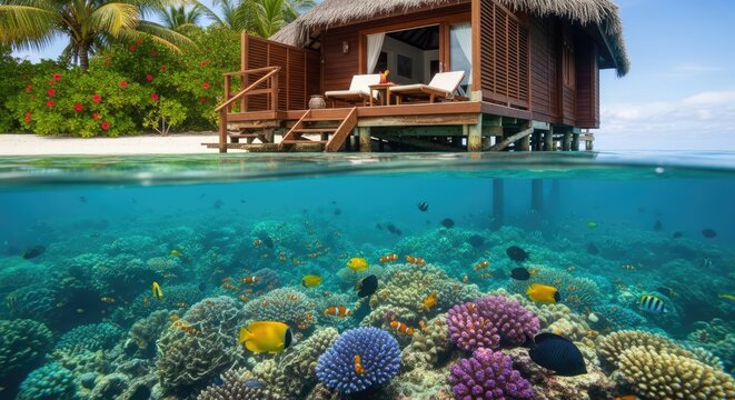 Luxury overwater bungalow above colorful coral reef split view