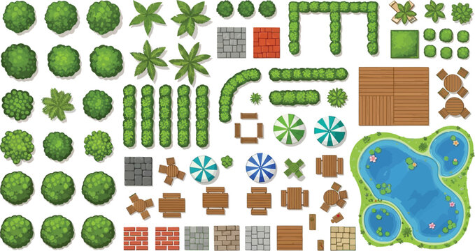 Landscape design elements set with trees bushes pond and outdoor furniture for garden planning architectural vector illustration