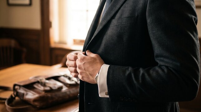 Close up of businessman adjusting his classic suit jacket button elegant corporate fashion