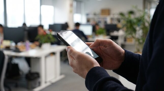 Close up of businessman hands holding and using smartphone in a blurred office background