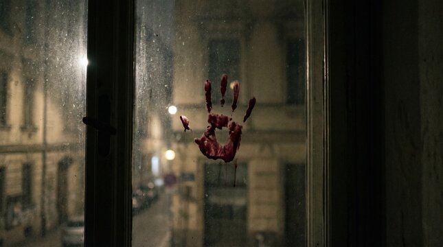 Bloody handprint on a window glass pane scary horror or crime scene background concept