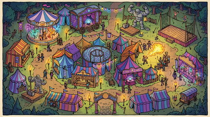Fantasy medieval carnival vector illustration, magical traveling circus fairground with tents and carousel, isometric rpg game map background © xantii
