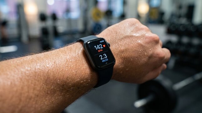 Close up of sweating arm wearing a smartwatch displaying heart rate monitor during fitness