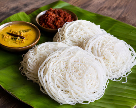 AI Generative Delicious Sri Lankan String Hoppers with Dhal Curry and Lunu Miris on a Banana leaf