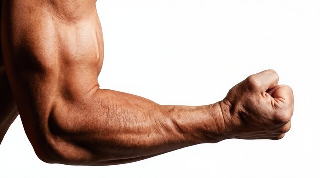 Man shows muscular arm with visible veins in a flexed fist pose. This shot highlights strength and power. Suitable for fitness and health content.