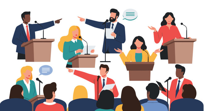Multiple business leaders or politicians debating and pointing fingers from podiums during a public discussion.