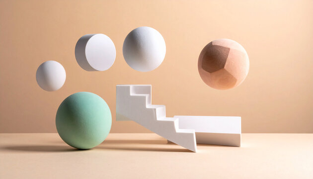 surreal floating geometric shapes, Generated image	
