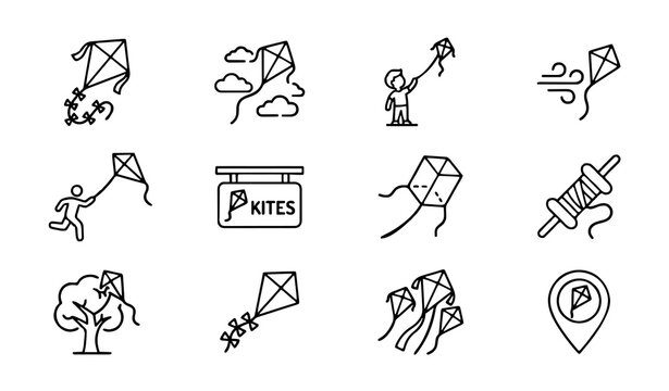 Kite and Outdoor Recreation Icons Grid: Minimalist Outline and Solid Illustrations for Kite Flying, Festivals, Seasonal Activities, and Windy Day Symbols
