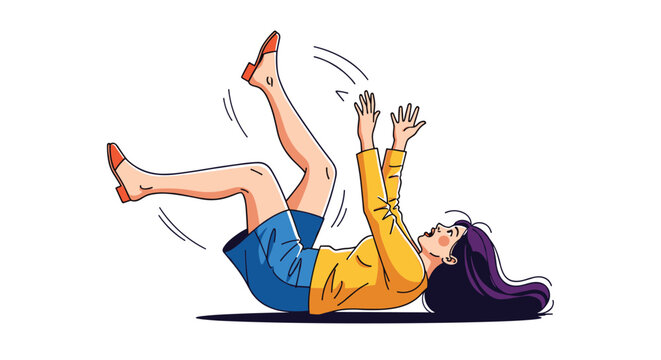 Shocked young woman in a yellow sweater and blue shorts loses her balance and falls backwards on a white background.
