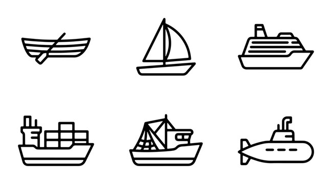 Diverse Nautical Vessels Collection: Rowboat, Sailboat, Cruise Ship, Cargo Ship, Fishing Boat, Submarine Icons