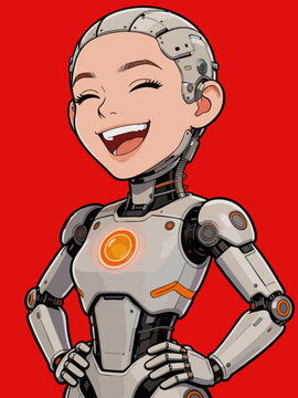 Happy Female Android Robot with Hands on Hips