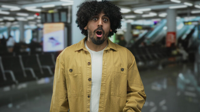 Man with curly hair hand covering mouth in airport terminal wearing yellow jacket and white t shirt; shy amusement.