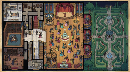 Medieval fantasy castle floor plan, isometric palace map with ballroom and garden maze, tabletop rpg battlemap vector illustration © xantii