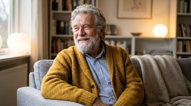 Joyful portrait of an elderly man with silver hair and a beard wearing a mustard yellow knitted cardigan while sitting on a grey couch.