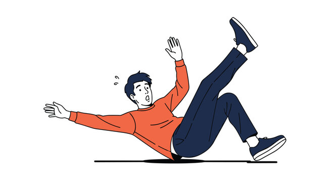 Young man in a red sweater expresses shock and surprise as he loses his footing and falls backwards on a white background.