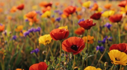Obraz premium Field of poppies and wildflowers in bloom. Red orange yellow flowers grow on green stems. Natural meadow with purple blossoms under sunlight. Beautiful floral scene.