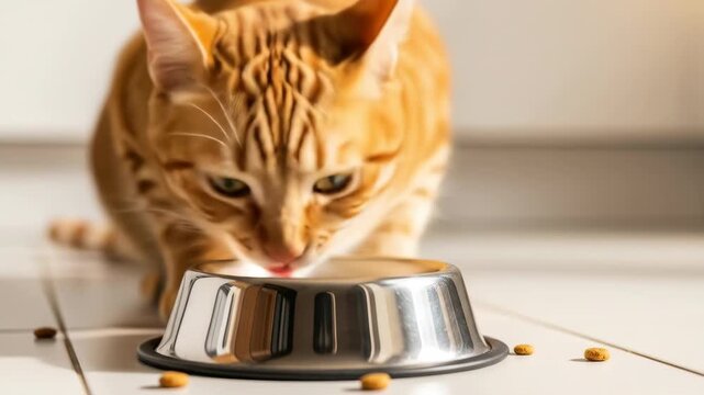 Ginger Cat Devours Meal in Kitchen Setting.