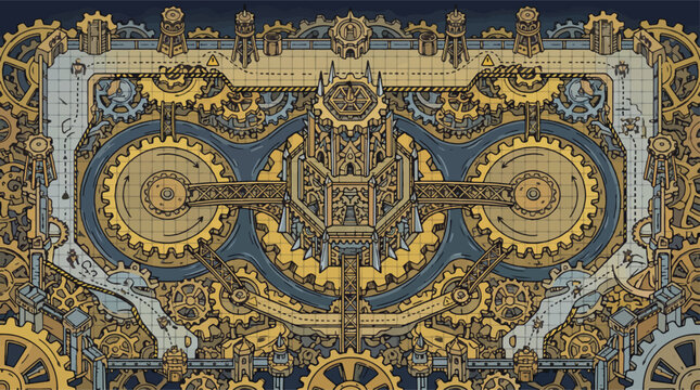 Steampunk clockwork machinery background, vintage industrial gears and cogs vector illustration, ornate mechanical engine blueprint