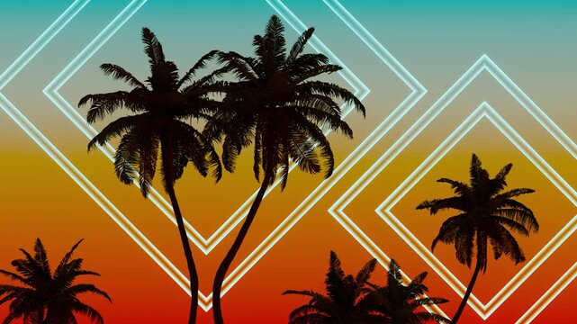 Palm silhouettes glow inside neon diamonds in a seamless loop