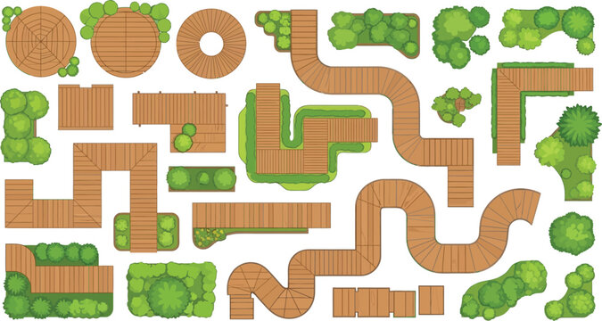 Top view landscape design elements featuring wooden paths and green bushes for garden planning and architectural site mapping vector.