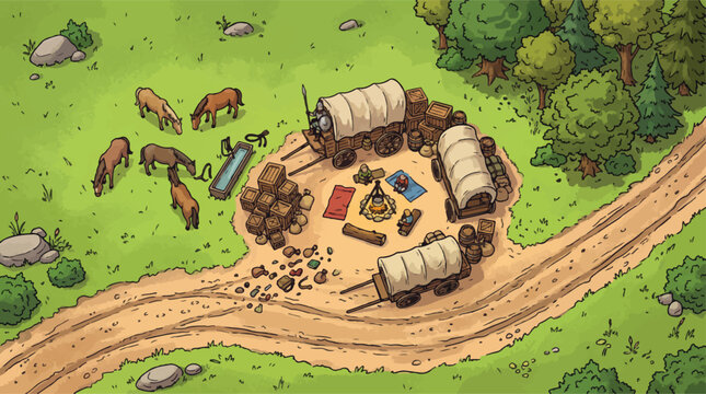 Vintage pioneer wagon train camp vector illustration, wild west caravan campsite with horses and campfire, isometric western frontier settlement