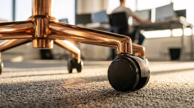 Low angle macro shot of an office chair's sturdy black caster wheel and polished copper base reflecting warm sunlight in a blurred office.