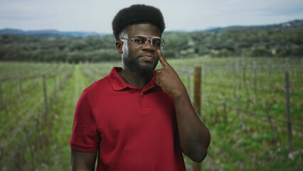 Obraz premium Man with glasses and beard, finger to cheek near eye in forest vineyard rows wearing red polo; pensive reflection.