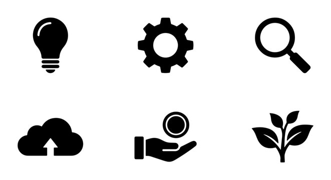 Business Icons Set: Idea, Gear, Search, Cloud Upload, Hand Coin, Plant Growth Vector Icons